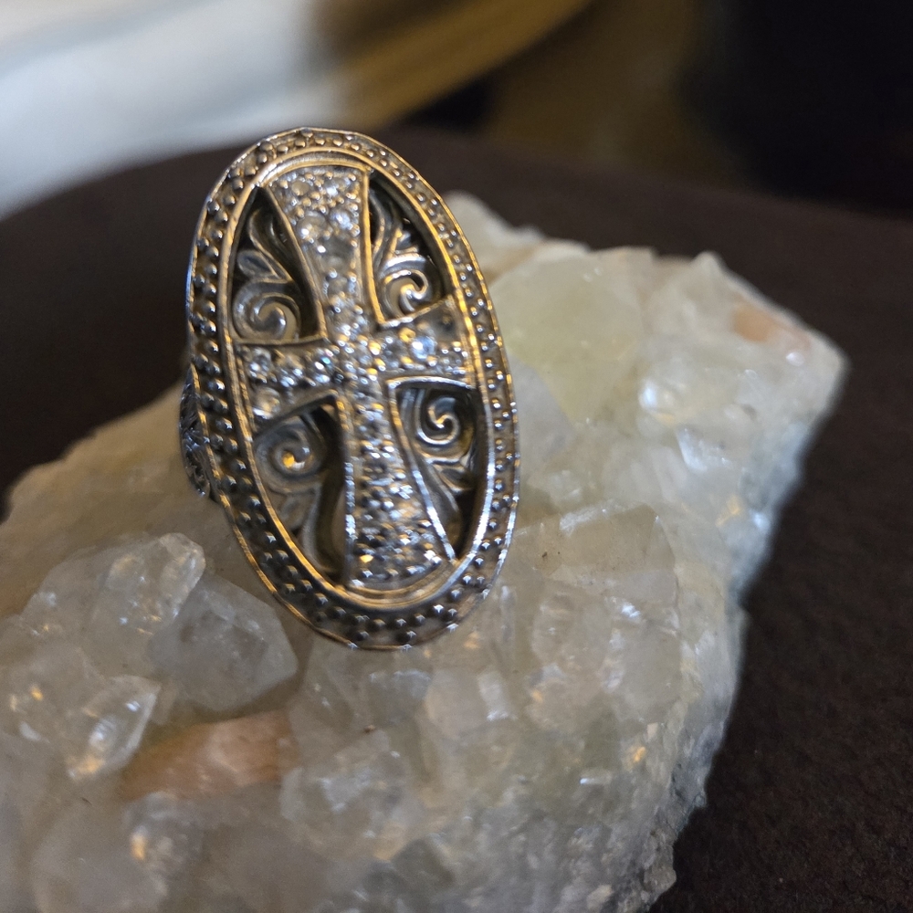 Sterling Silver Cross Ring with Crystals